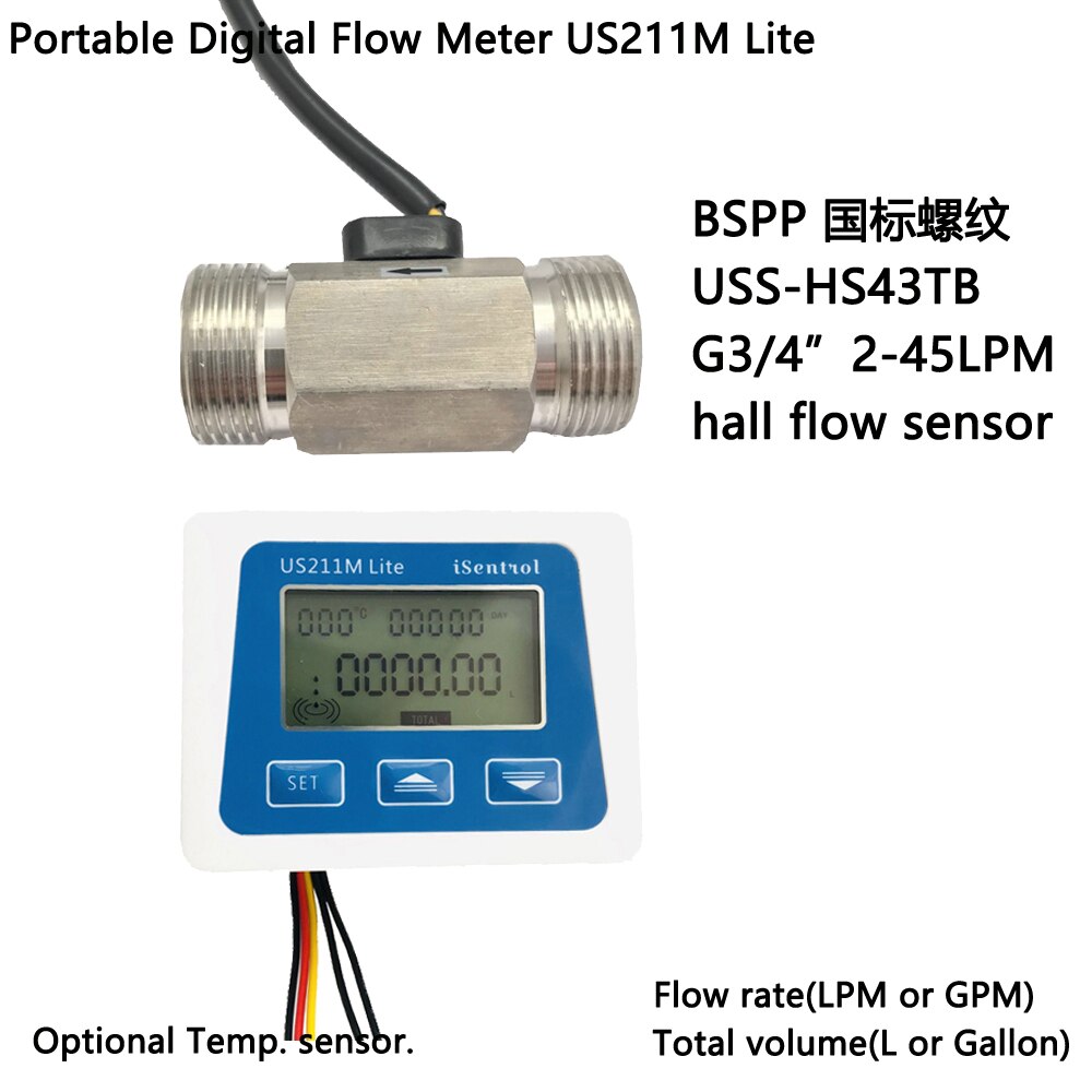 US211M Lite Digital Flow Meter & BSPP USS-HS43TB Stainless Steel 304 Hall Water Flow Sensor 2-45L/M G3/4" Turbine Flowmeter: whole set