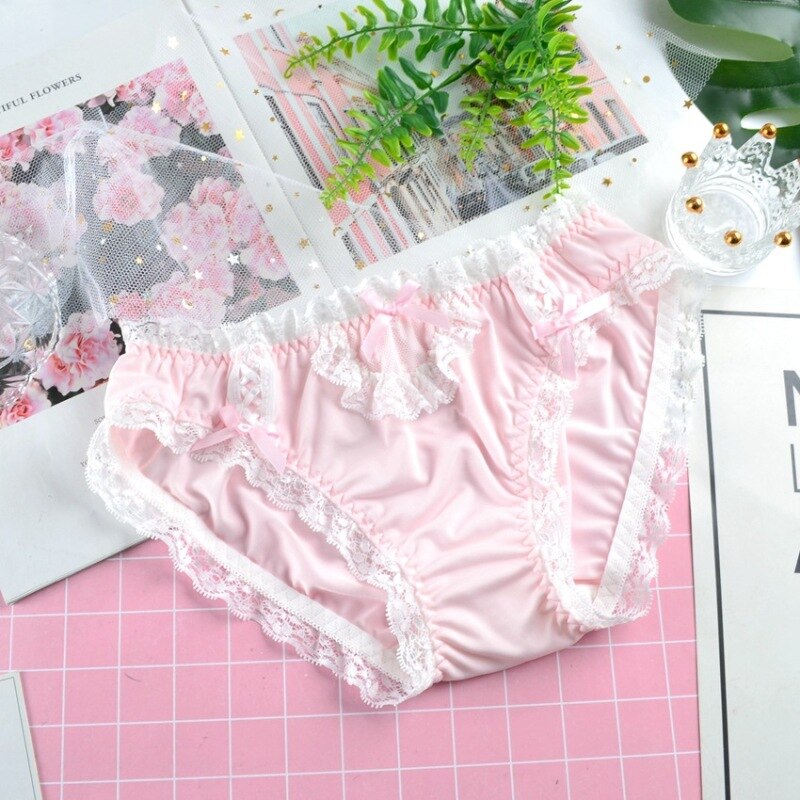 Milk Silk Japanese Style Cute Lovely Sweety Sexy Lace Underwear Lolita College Cartoon Cosplay Girls Panties Low Waist Breifs: pink / L