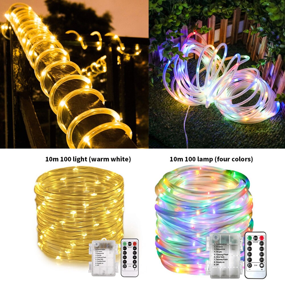 LED Rope Tube Lights, 10M 100 LED Indoor Outdoor Rope String Fairy Lights Battery Powered 8 Modes Copper Wire String Light