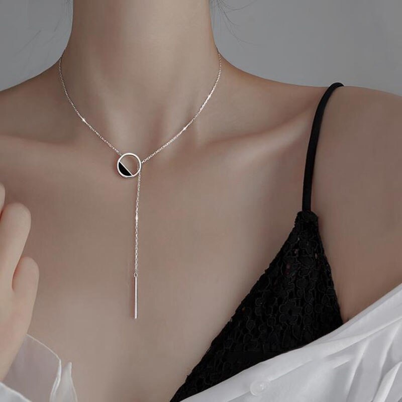 ANENJERY 925 Sterling Silver Black Round Necklace for Women Tassel Sweater Chain Fine Handmade Jewelry S-N304