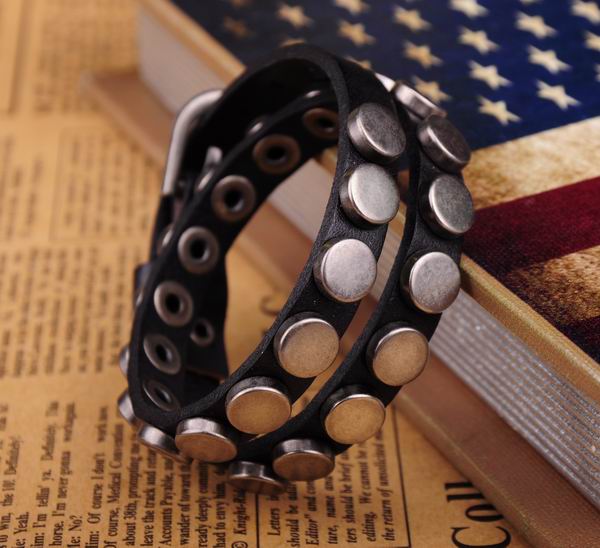 G402 Black Charm Metal Alloy Studded Double Wrap Leather Cuff Bracelet Men's