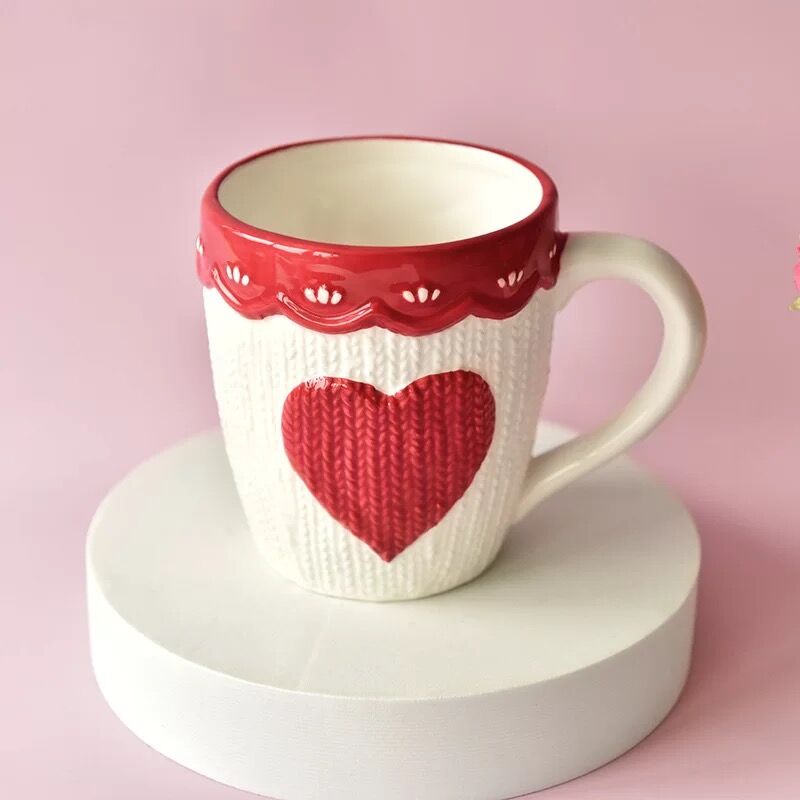 Cute Pink Mug Ceramic heart-shaped Coffee Cup with Lid Home Couple Milk Breakfast Cup Water Cup: Dark Khaki