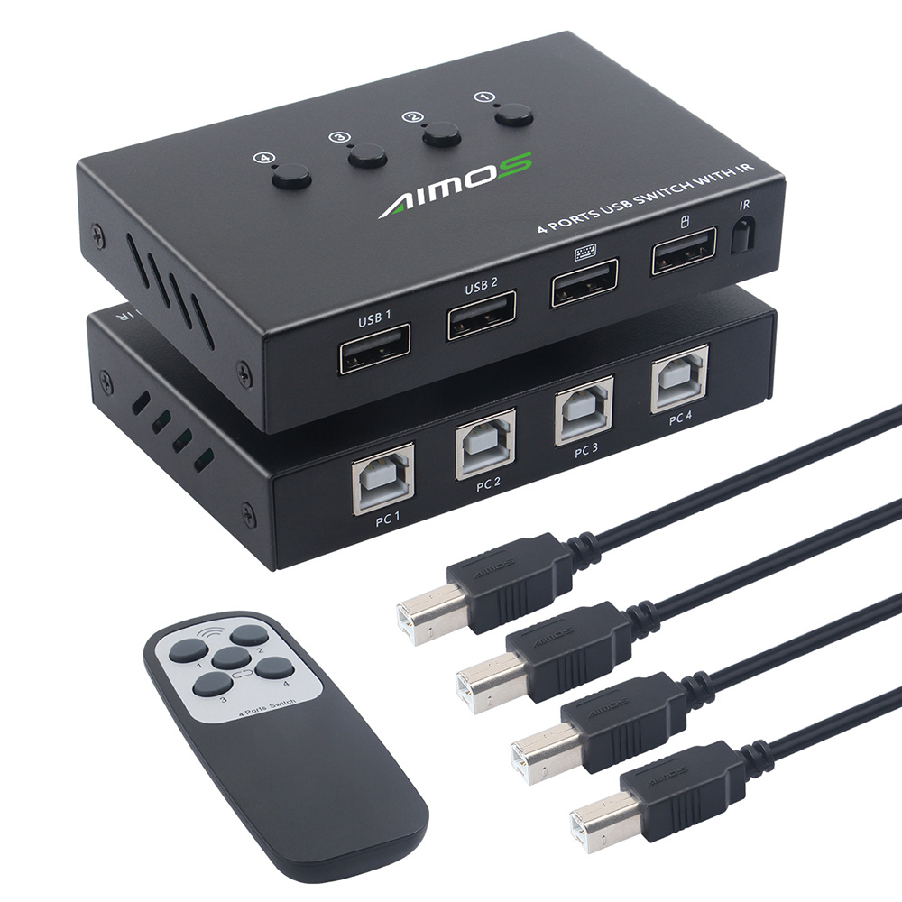AIMOS USB Switcher Selector with Remote Control 4PCs Sharing 4 USB Devices KVM Switch Adapter for Mouse Keyboard Printer U Disk