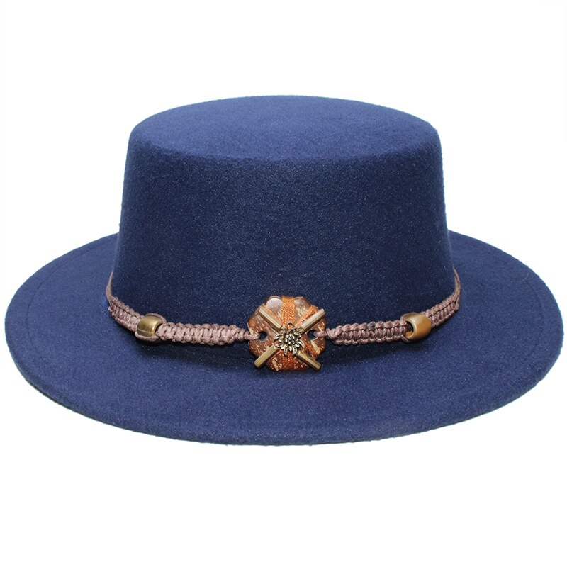 Retro Unisex Women Men /Kid Child Wool Fedora Flat Dome Oval Top Bowler Porkpie Pork-pie Hat Wood Bead Knitted Band (54/57cm): Navy / Adult Size 57cm