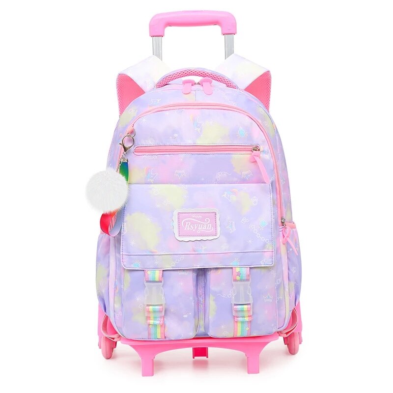 Mochila escolar ortopédica con ruedas para niño, morral impermeable para estudiante de primaria, morral de viaje para chicas adolescentes, mochilas escolares con ruedas: purple