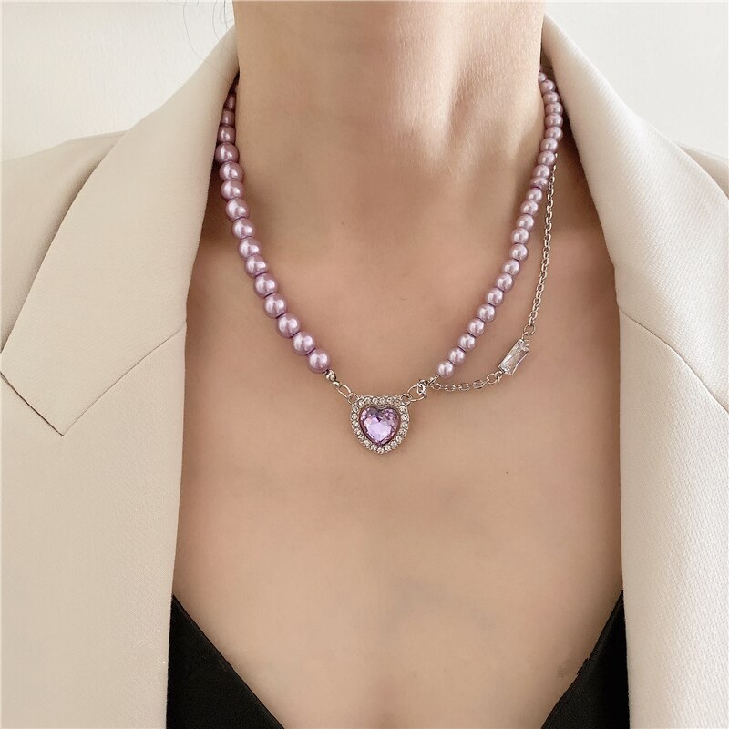 HUANZHI Retro Perle Chian Halskette Bunte Strass Liebe Multilayer Choker Halskette für Frauen Mädchen Partei Schmuck