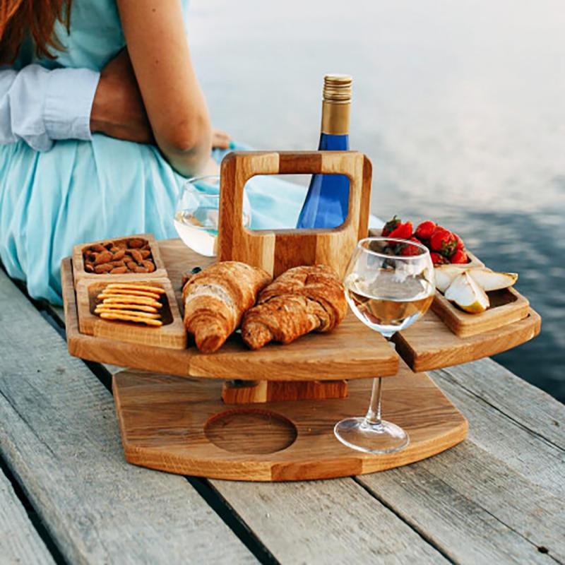 Houten Draagbare Outdoor Klaptafel Fruit Snack Tray Camping Picknick Wijn Tafel Verwijderbare Wijnglas Houder Picknick Tafel