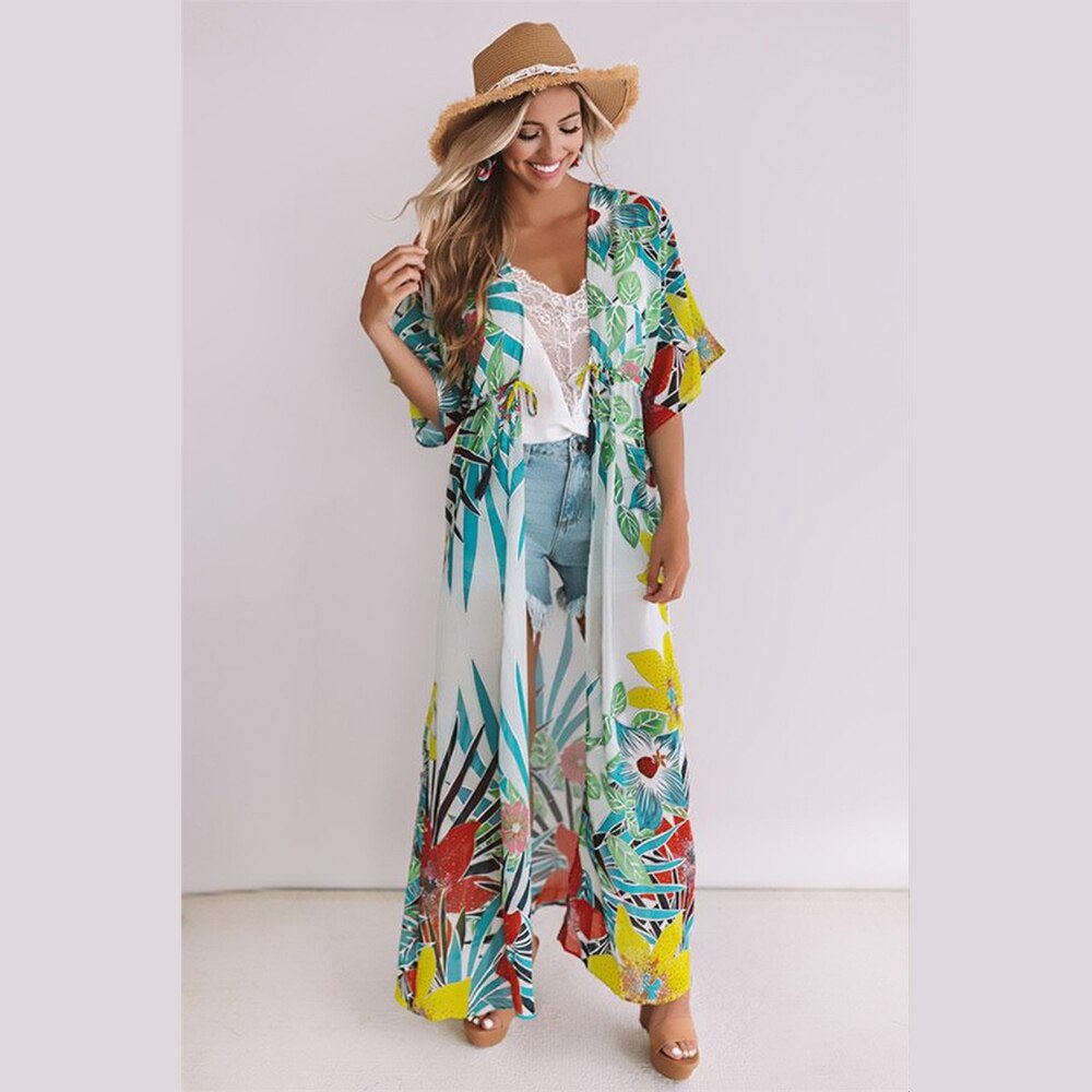 Túnica de playa para mujer, vestido bohemio con estampado Floral, vestido envolvente de playa para mujer, ropa de playa de algodón con abertura en la parte delantera, Pareo Sarong Plage