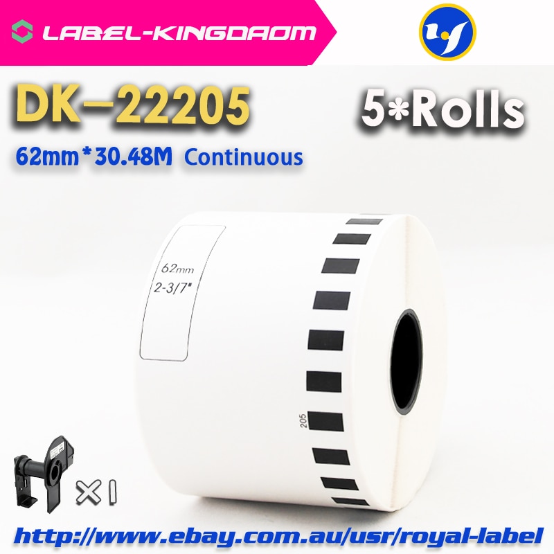 5 Refill Rolls Compatibel DK-22205 Label 62Mm * 30.48M Continu Compatibel Voor Brother Label Printer Wit Papier DK22205