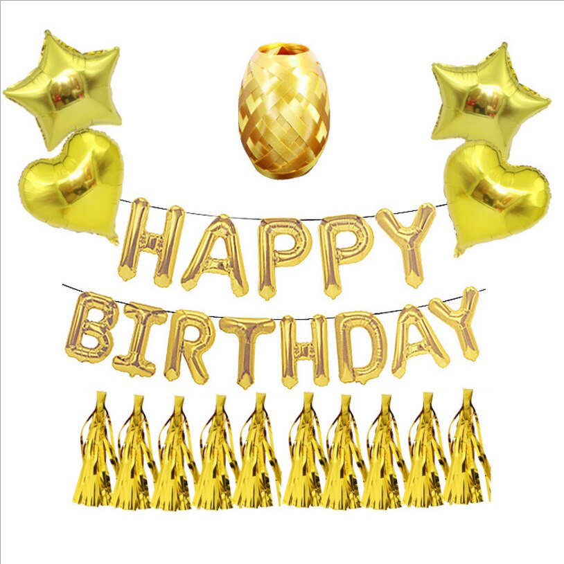 28 Stuks Gelukkige Verjaardag Brief + 18 Inch Rose Goud Aluminiumfolie Ballon, gratis 10M Lint Met Aluminiumfolie Sequin Kwastje Set