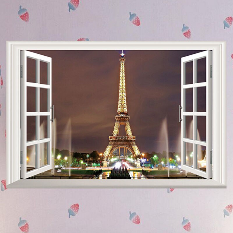 3D Window Paris Eiffel Tower Wall Sticker Art Vinyl Decal DIY Mural Home Decor