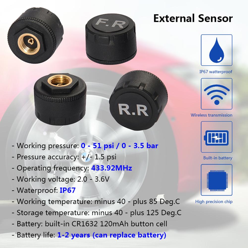 Usb android tpms däcktrycksövervakningssystem display larmsystem 4 st externa sensorer däcksensorer larmövervakningssystem