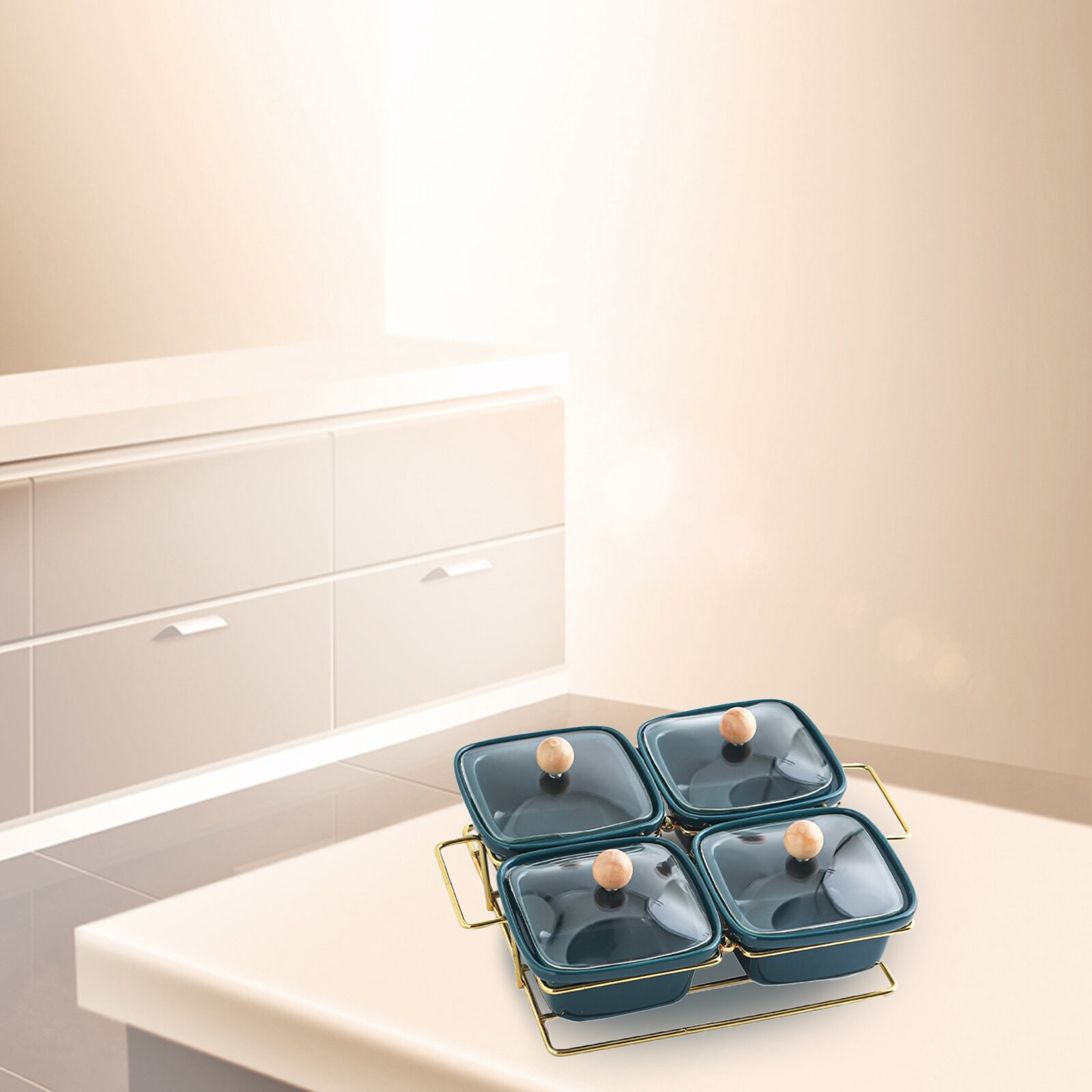 Ceramic Snacks Platter Glass Lid Moisture-proof Serving Bowl Divided Metal Rack for Nuts Candy Desserts