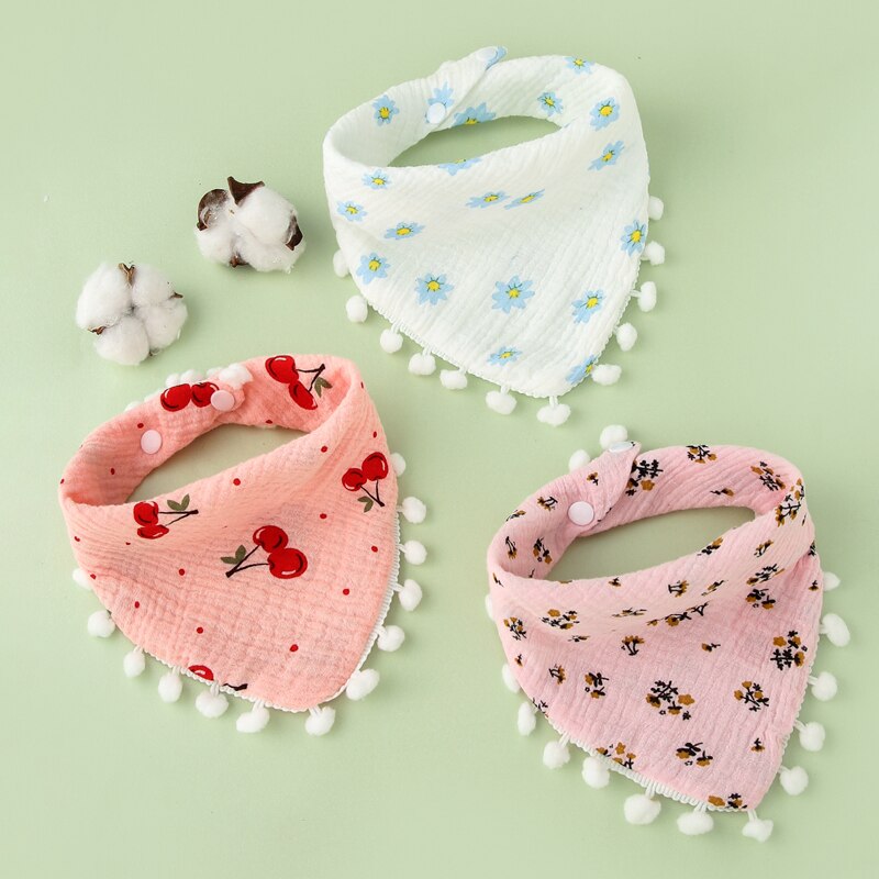 3 Stuks/partij Baby Pompom Slabbetjes Driehoek Dubbele Katoen Slabbetjes Print Speeksel Handdoek Baby Jongens Meisjes Voeden Schort Katoen Bandana Slabbetjes