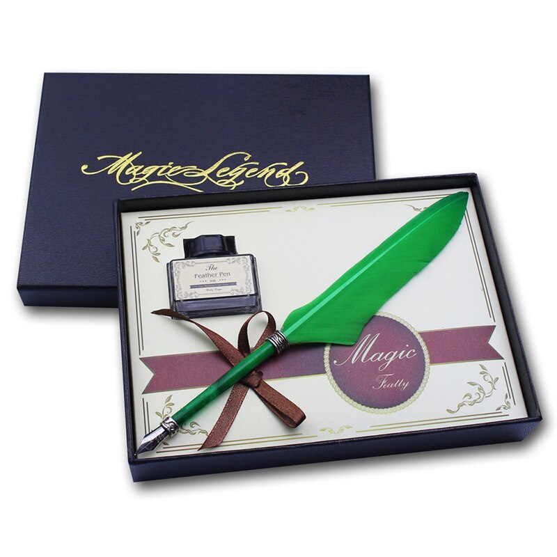 Mini Antique Europe Style Feather Pen Set Quill Calligraphy Writing Pen: Green