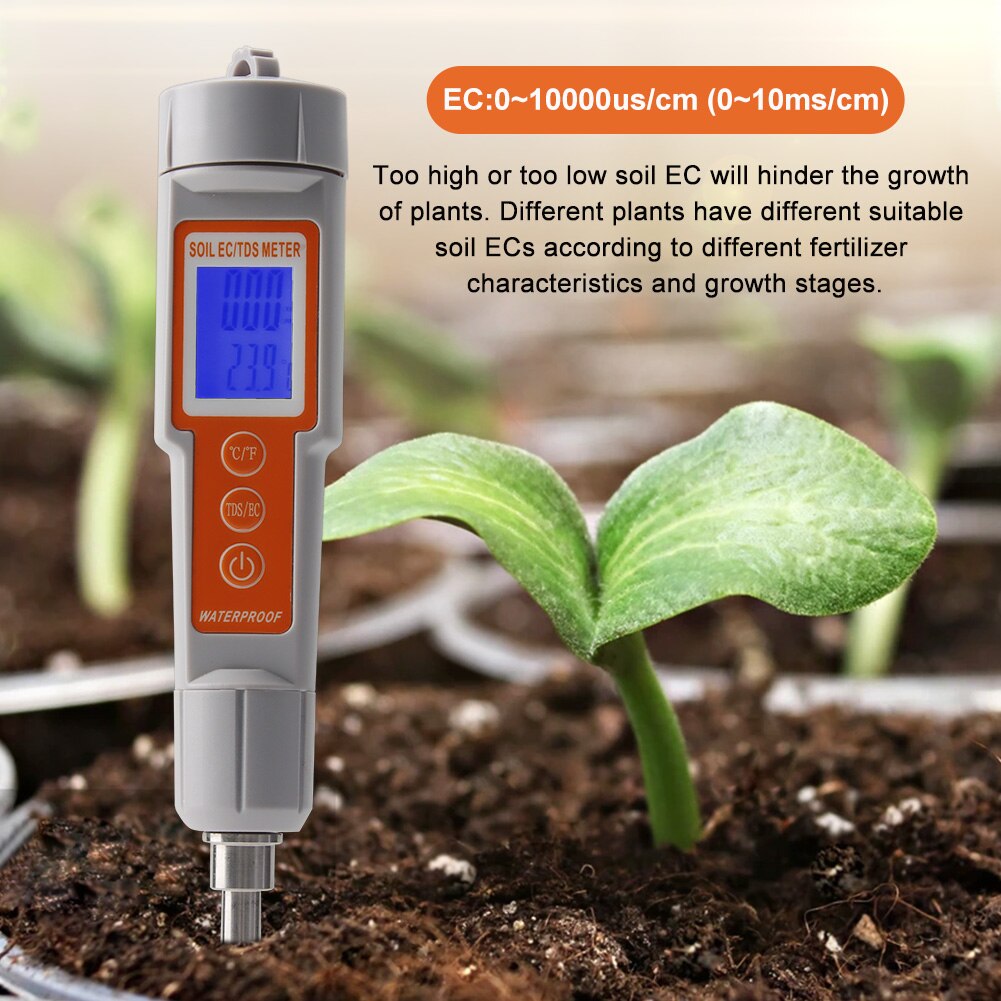 Digital Soil Meter Temperature TDS EC 0-10000us/cm High Precision Metal Sensor Conductivity Tester Tool for Garden Farm Planting