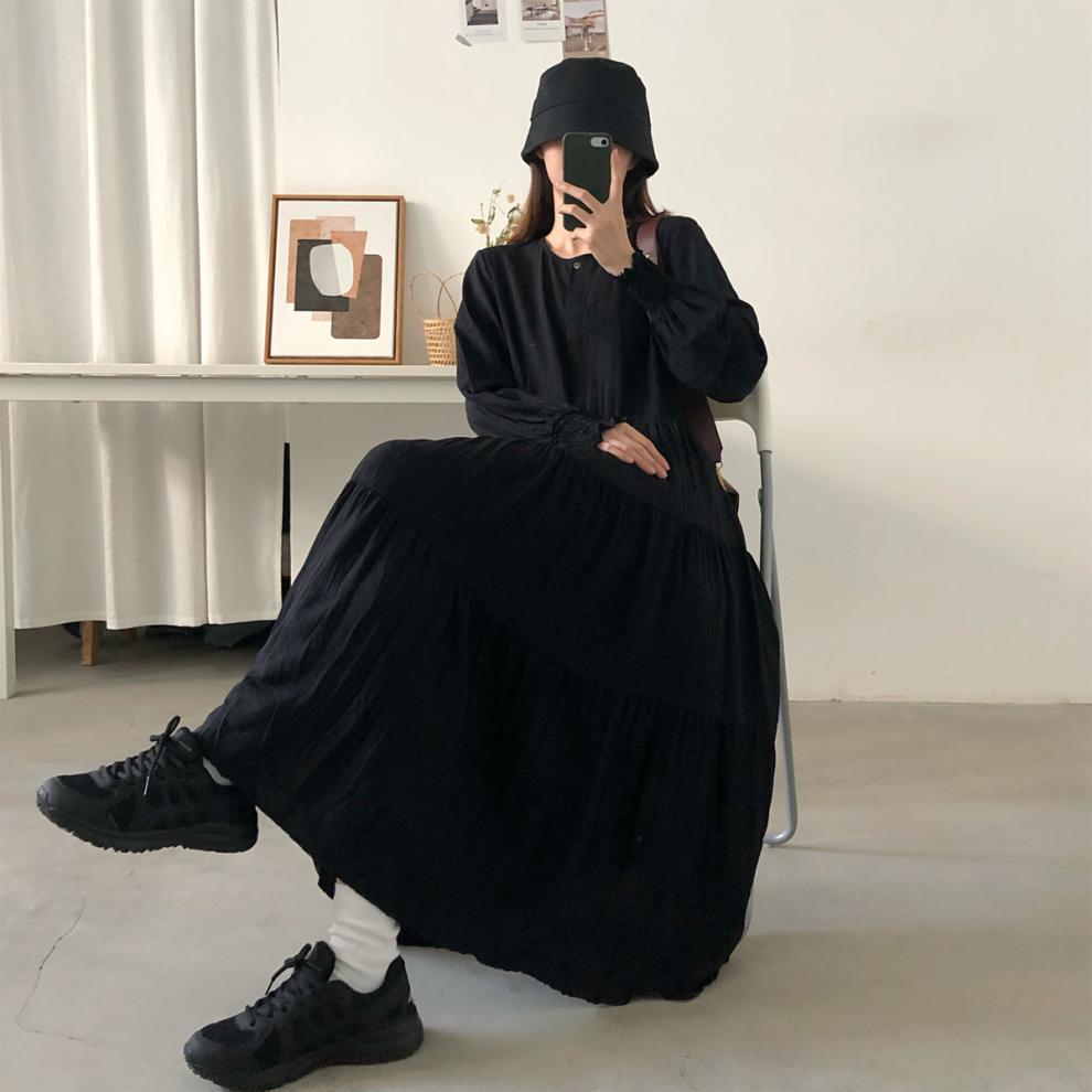 4xl langærmede kjoler kvinder løs koreansk temperament kvindelig dejlig midikjole o-hals forår afslappet ensfarvet vestidos de mujer