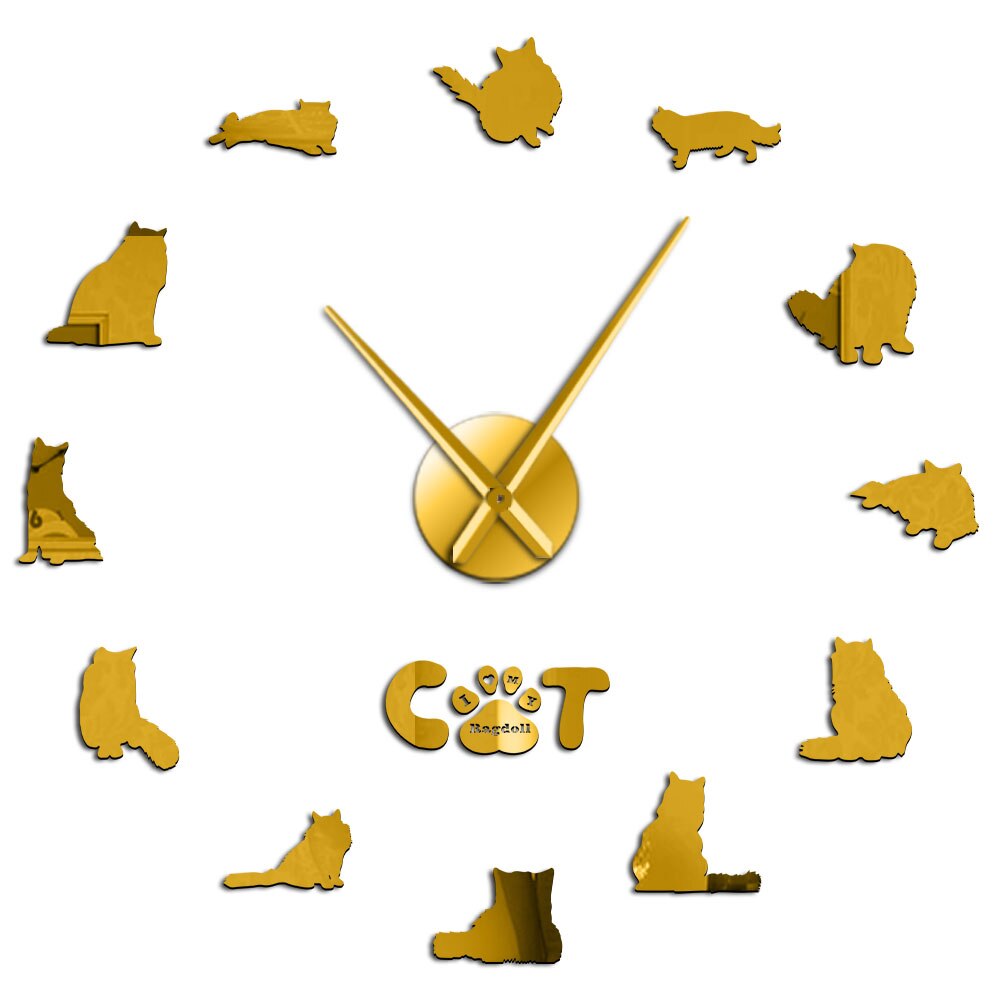 3D DIY Large Mirror Effect Frameless Ragdoll Cat Wall Clock Cat Breeds Kitten Cat Paw Stickers Wall Art Frameless Giant Watch: Gold Wall Clocks / 37 Inch