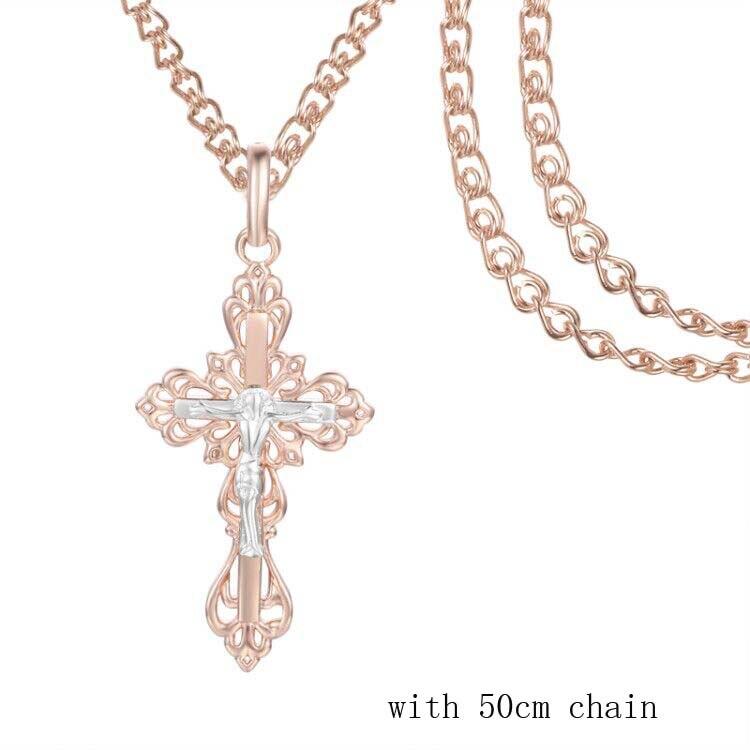 6 Style FJ Jewelry Women Mens Necklace Pendant 585 Rose Gold Color Mixed Cross Crucifix Pendants Snail Chains: PN0046 50cm chain