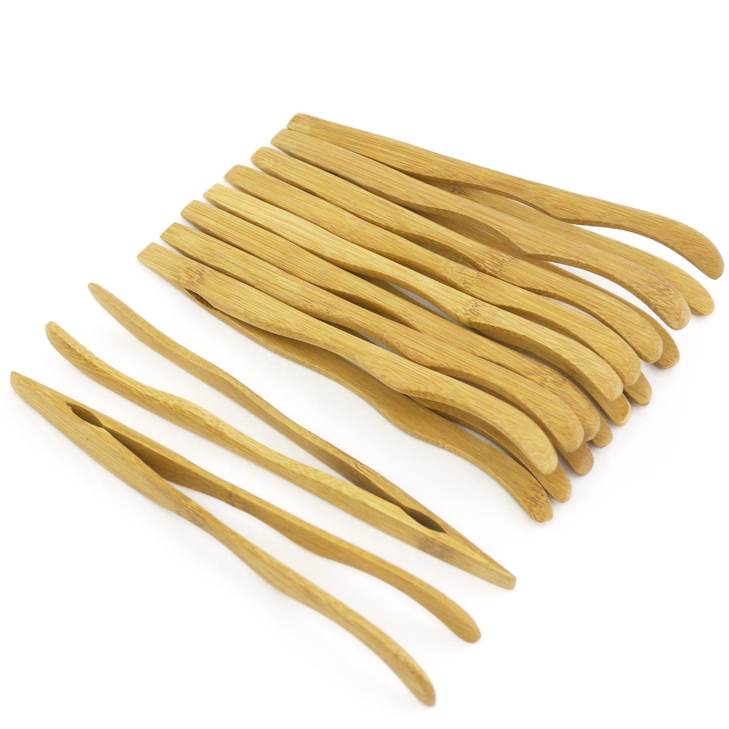 16Cm Herbruikbare Bamboe Tang, Gebogen Armen, Hout Kleur-10 Stuks-Toast Tang