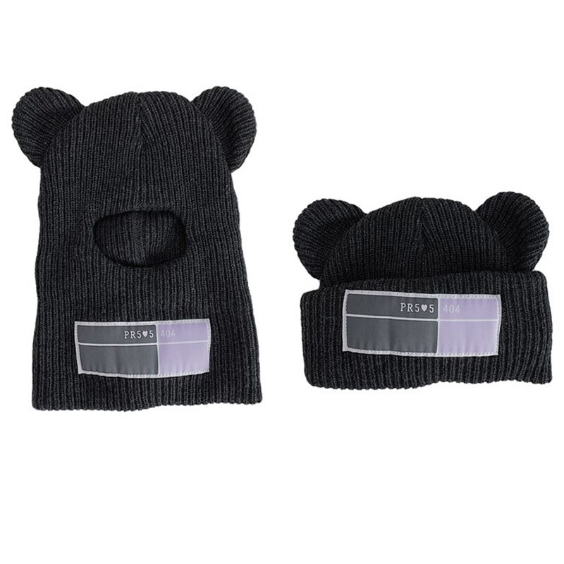 Bear Ear Balaclava Hat with Ear Cute Full Face Cover Ski Mask Beanies for Women 1 Hole Windproof Warm Streetwear Knitted