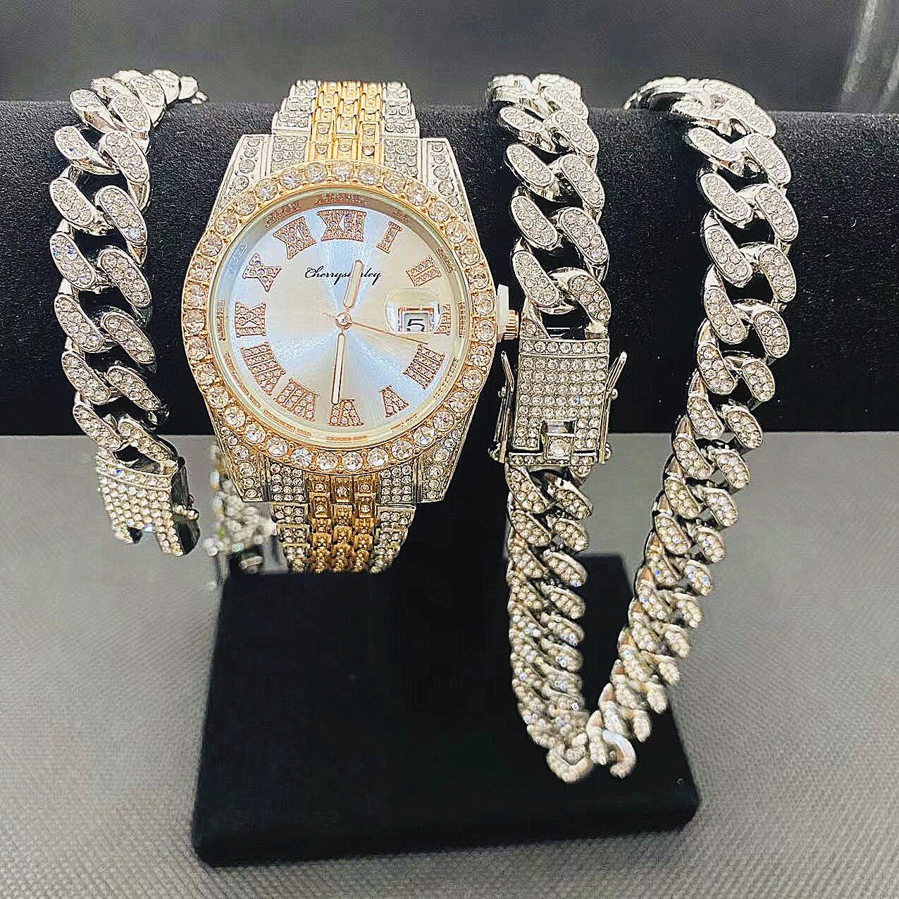 Montre entièrement glacée pour hommes, Bracelet, collier, ras du cou, bijoux bling-bling, grande chaîne en or, Hip Hop, ensemble de montre