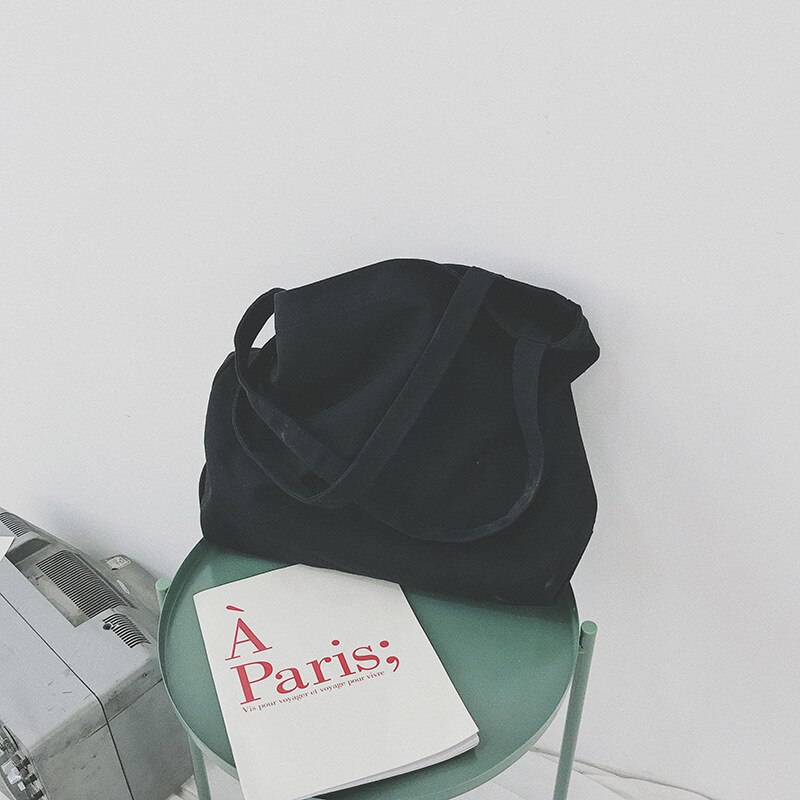 Women Canvas Shoulder Shopper Bag Cotton Cloth Large Capacity Students Female Handbags Eco Fabric Tote Shopping Bags: Black