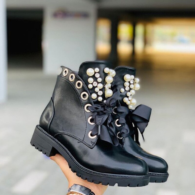 Bottes noires pour femmes, bottines de moto, motard, plate-forme en perles, talon épais, bout rond, fermeture éclair, croisées, pour dames, chaussures décontractées faites main,