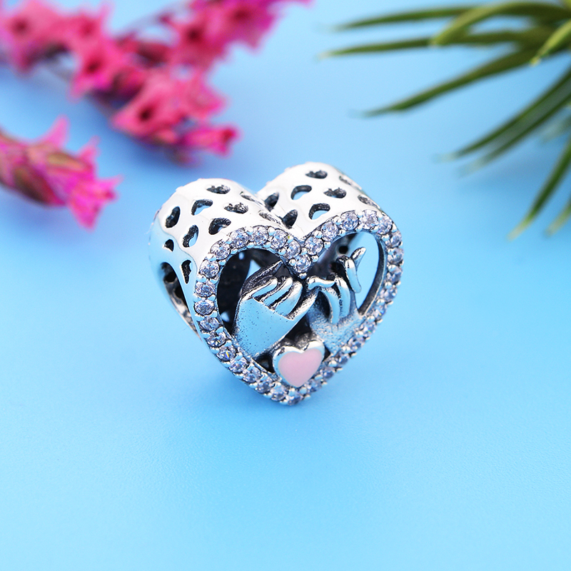 Pulsera con abalorio de plata de ley 925 para mujer, brazalete con de "Te quiero, promesa manos, gesto, corazón rosa, Berloque 2022