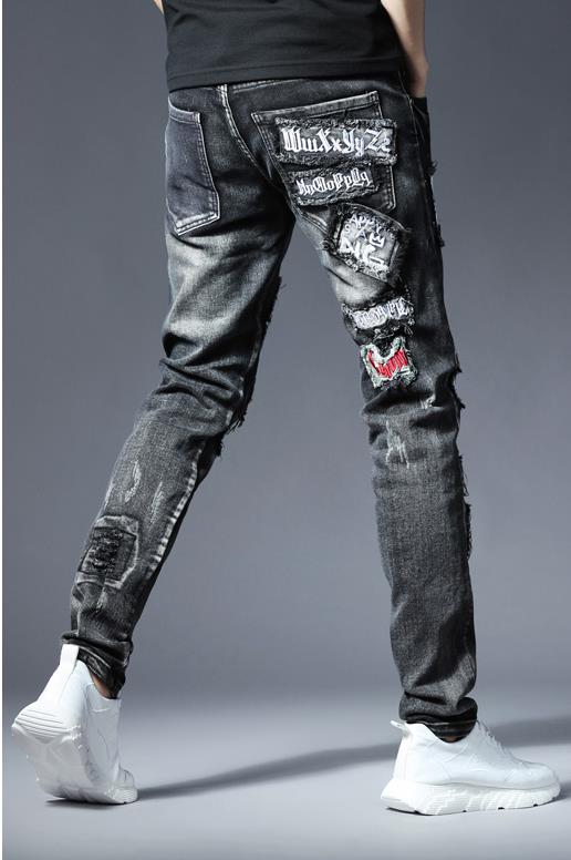 Pantalones vaqueros rasgados y ajustados a la para hombre, pantalones vaqueros elásticos deshilachados, pantalones vaqueros con parches bordados Retro, vaqueros de Hip Hop Rock