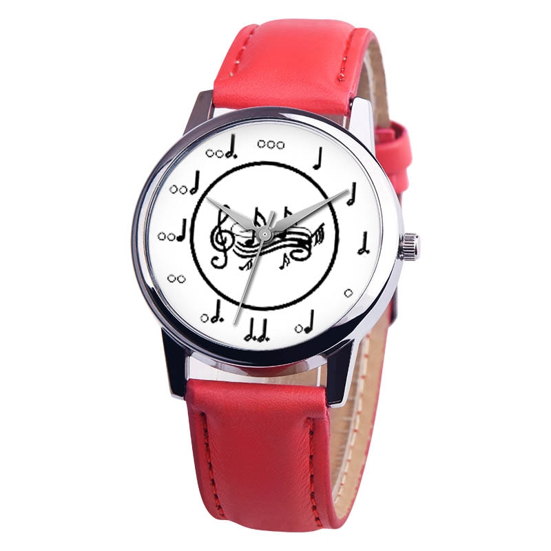 OKTIME Women PU Leather Strap Wrist Watch Musical Note Round Dial Casual Analog Quartz Watches TT@88: Red