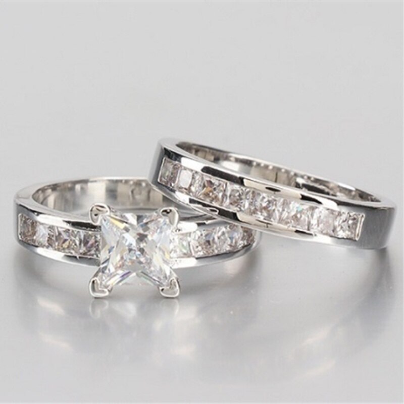 FDLK Couple Ring: Women Square Princess Cut AAA Cubic zirconia Wedding Party Ring Set