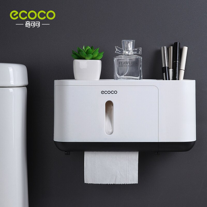 ECOCO Bathroom Organizer Storage Box Toilet Paper Holder Tissue Box Waterproof Wall Mounted Paper Roll Paper Dispenser: large black