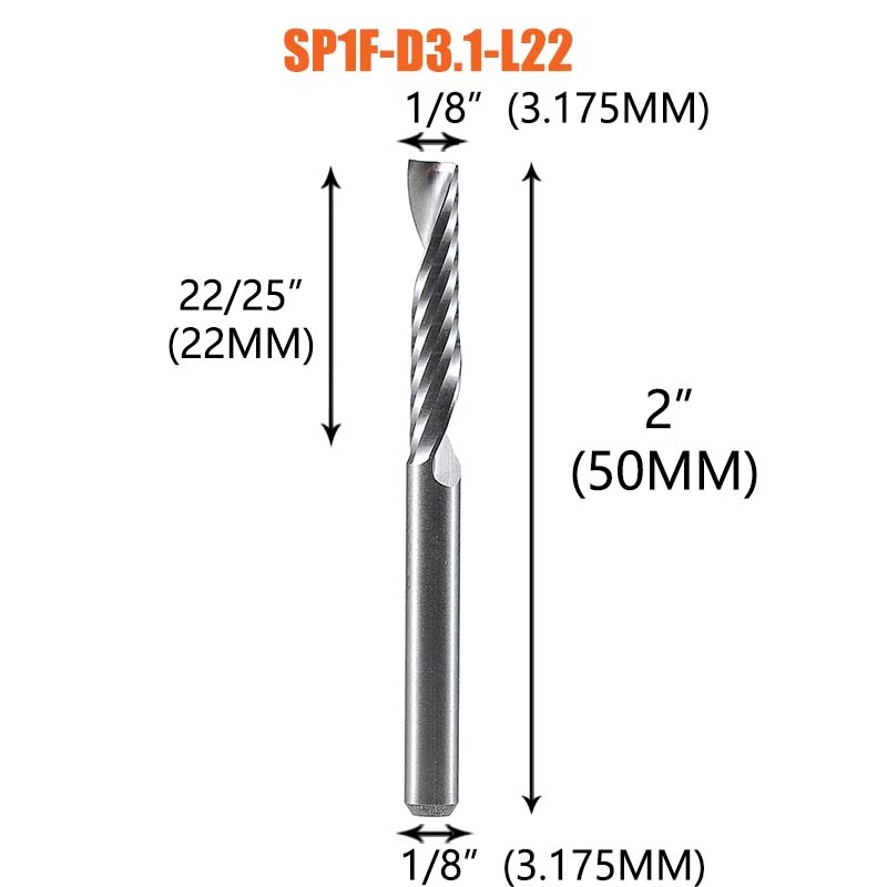 Dreanique 1pc Single Flute Spiral End Mill 1/8 1/4Inch Shank CNC Carbide Aluminum Inch Size Cutter for woodworking Acrylic ACM: 25mm
