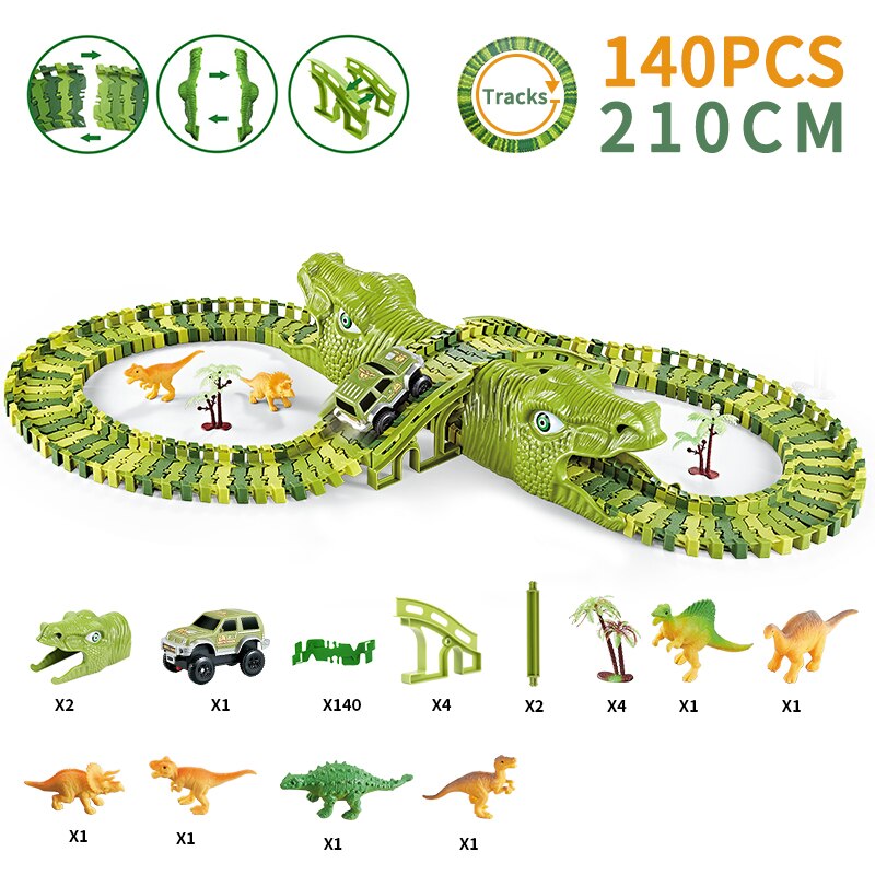 Dinosaurus Spoorweg Speelgoed Auto Spoor Racing Spoor Speelgoed Set Educatief Bocht Flexibele Race Track Flash Light Auto Speelgoed Voor Kinderen jongens: 140 PCS