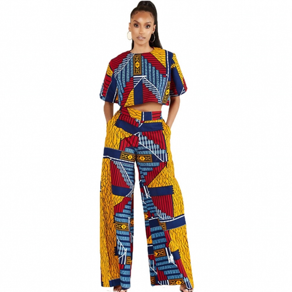 Tvådelat set afrika kläder afrikanska dashiki blomtryck kostym topp byxor super elastisk fest för kvinnor outfits: S