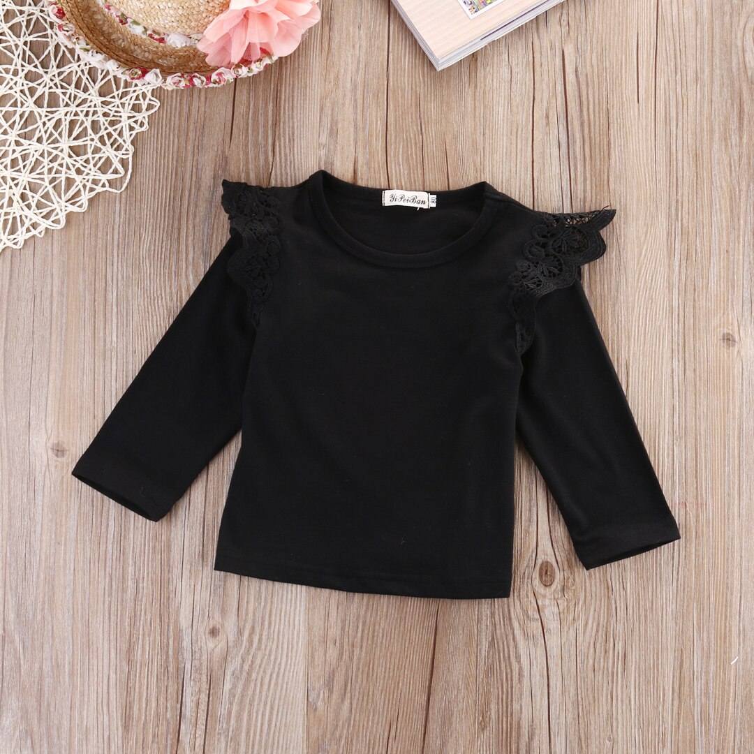 Kids Peuter Kleding Baby Meisjes Kleding Kant Spilce Meisje Katoenen Lange Mouw T Shirts Casual Blouse Tops Kinderen Kleding: Black / 18m