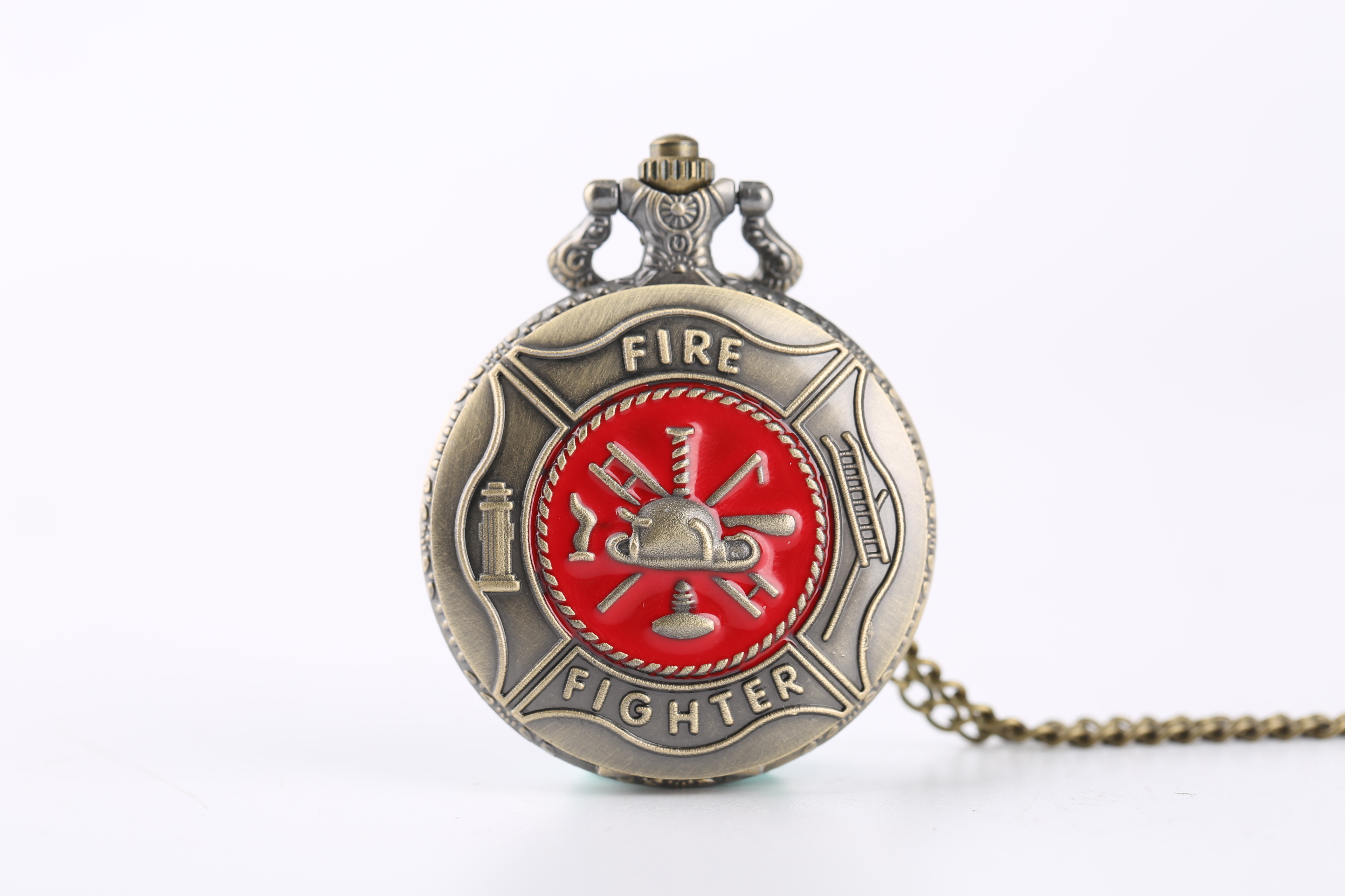 Red Fire Fighter Quartz Pocket Watch Box Set Punk Firefighter Necklace Pendant Memory Firemans Arabic Number Fob Watch Relgio: Only Pocket Watch 2