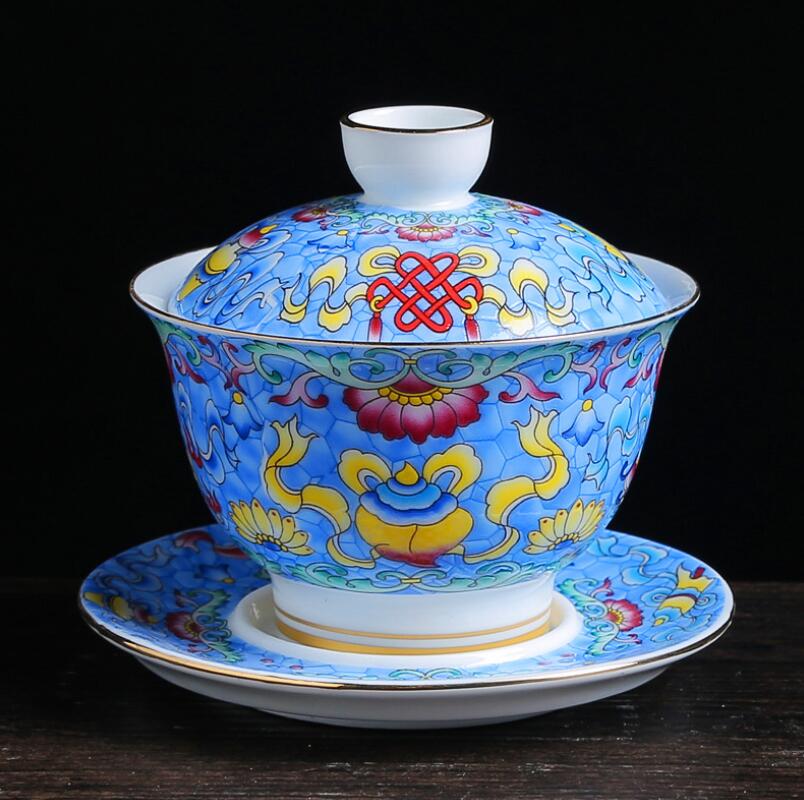 150ml ekstra store blå og hvide porcelæn otte skatte gaiwan kinesisk te skål gul keramisk te terrin te kop underkop sæt: -en