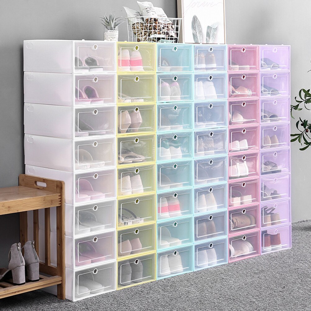 Flip-Open Cover Transparent Stackable Storage Box Shoes Drawer Case Organizer