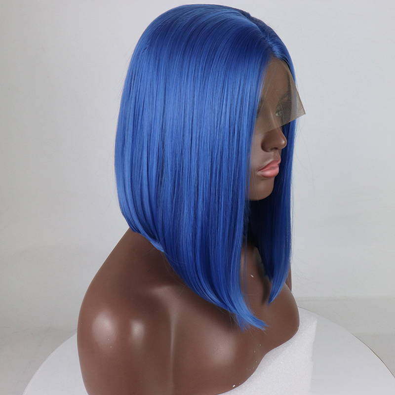 Bob azul frente do laço cabelo sintético em linha reta curto peruca do laço pré arrancado com o cabelo do bebê para preto