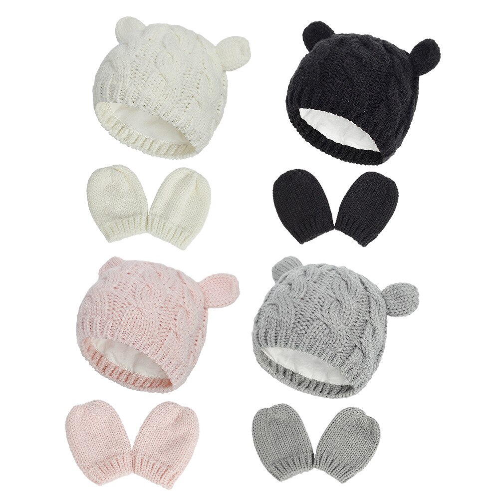 Vinter baby hüte für mädchen hut für junge herbst niedlich ohr baby gestrickte warme mütze + handschuhe kinder hüte kappe kinder