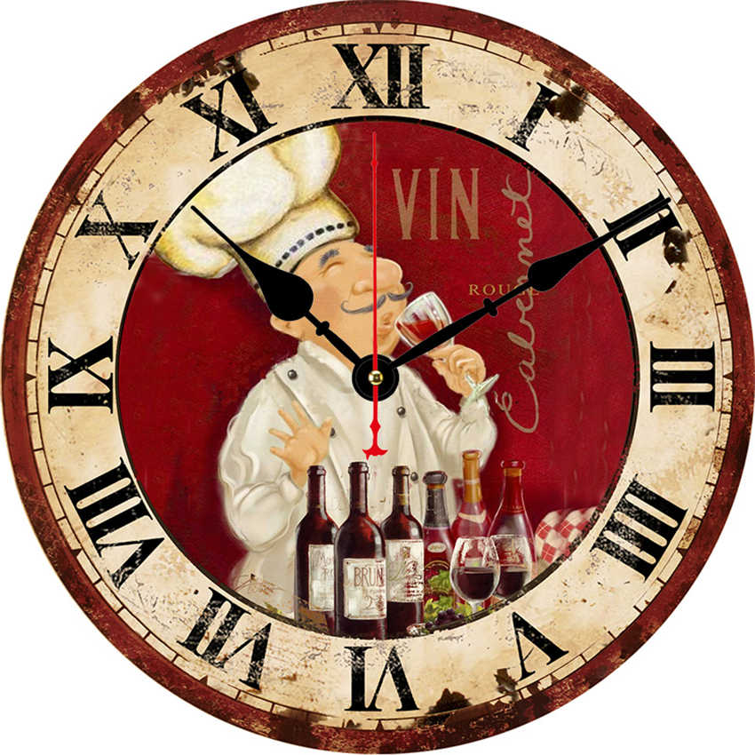12 Inch Chef Wine Round Wall Wooden Clock,modern Silent &amp; Non-Ticking Large Shabby Chic Rustic Kitchen Wall Clock: 24828 / 14inch(34CM)