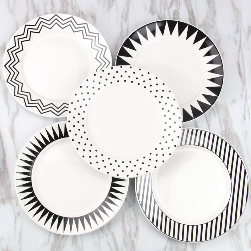 Assiette plate à figures géométriques, style simple, plat à salade, plateau à nourriture en céramique, assiette à pâtes, vaisselle, plat à petit-déjeuner, noir et blanc