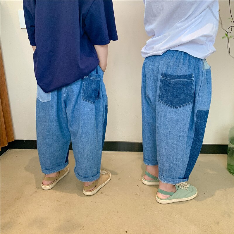 Ragazzi e ragazze jeans patchwork allentati stile coreano 2021 estate bambini pantaloni casual in denim sottile vestiti fratello e sorella