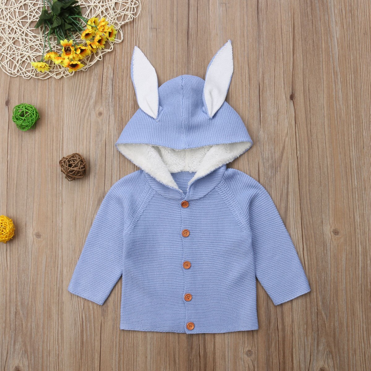 Baby meisjes jongens winter warme jas jas 3d konijnenoren capuchon lange mouwen enkelrijs effen gebreide jassen: Blauw / 9m