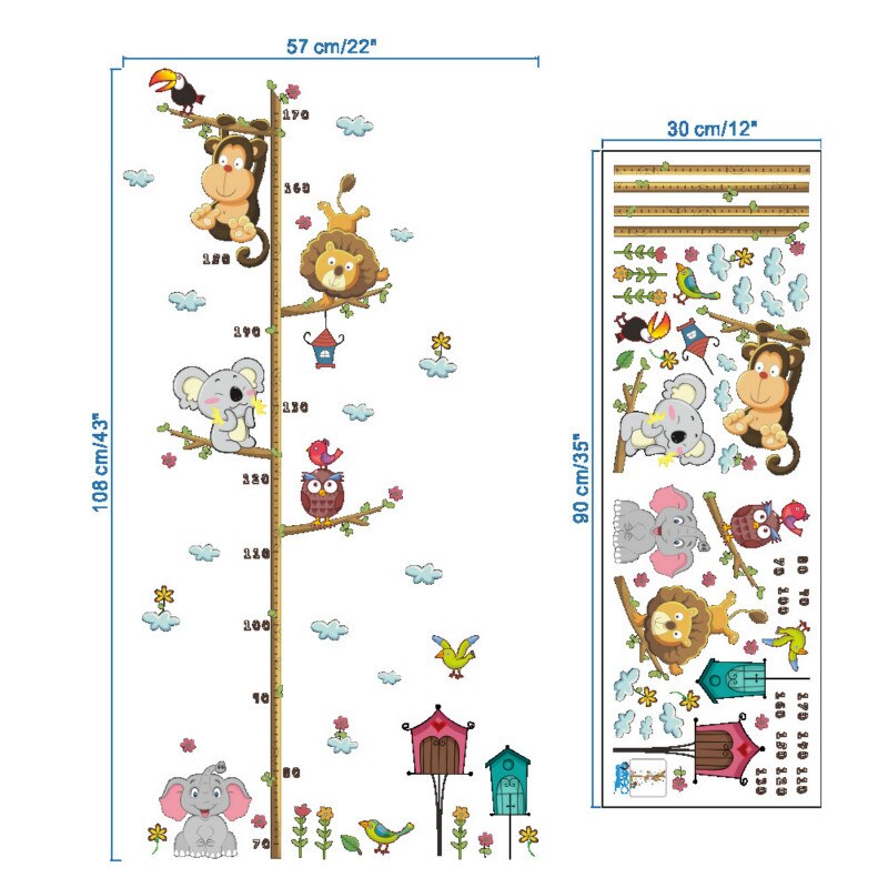 Djungeldjur lejon apa uggla höjdmått för barnrum tillväxtdiagram barnrum inredning väggdekaler konst