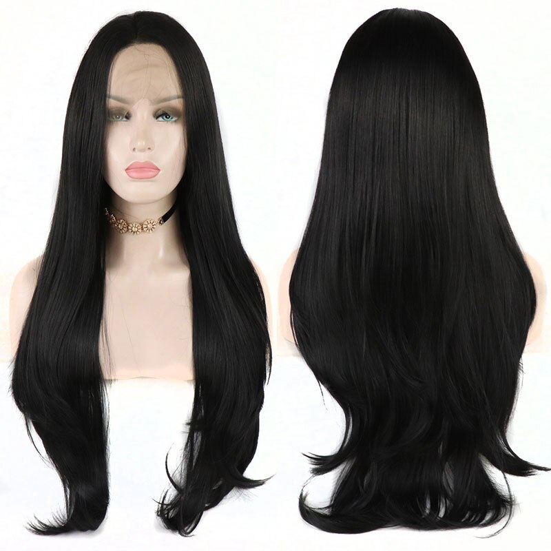 Bombshell preto natural cabelo reto peruca dianteira do laço sintético glueless resistente ao calor fibra cabelo médio de separação para perucas femininas