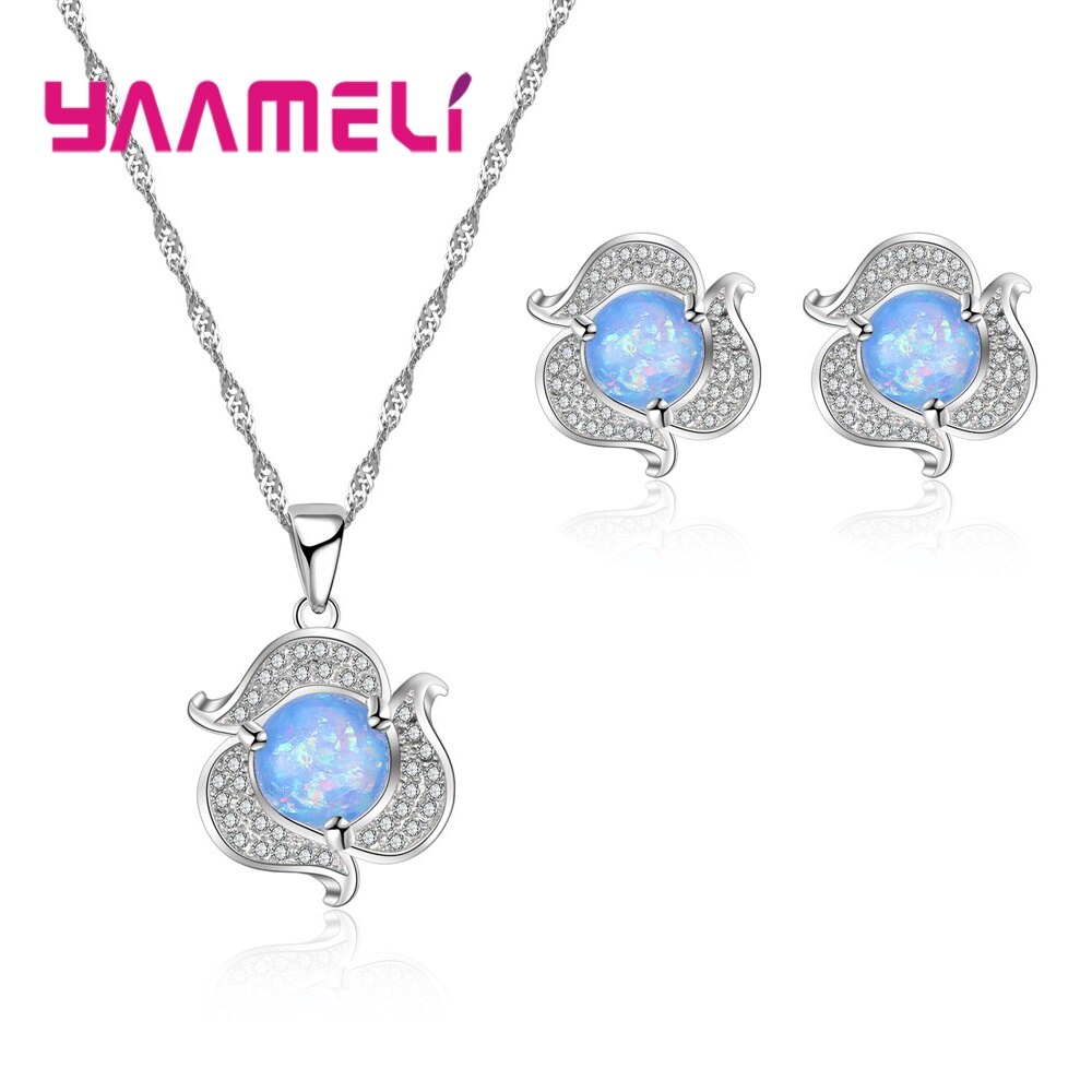 925 Sterling Silver Two Colors Opal Stone Pendant Necklace Earrings Jewelry Sets For Women Ladies Clear Cubic Zirconia: blue