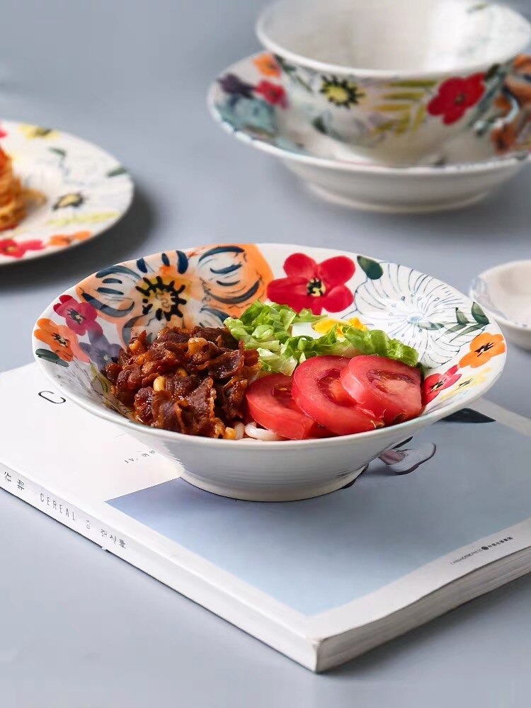 Flower Blooming Ceramic Dinnerware Set Personality Bowl Fish Plate Saucer 6/8/10 Inch Plate Double Ear Noodle Soup Bowl